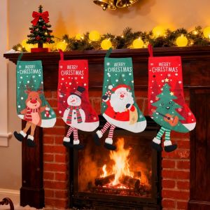 Santa Elk Print Christmas Stocking Gift Bag Xmas Tree Hanging Ornament Candy Toy Storage Pouch for Home Party Decoration