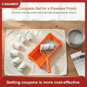 【CANAMEK 】 8Pcs High Density Paint Roller Set 2 Inch Fabric Mini Paint Rollers with Tray for Kitchen Cabinet Painting