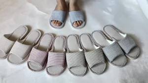 Four Seasons Linen Home Slippers Indoor EVA Non-Slip Couple Striped Linen Slippers For Men And Women