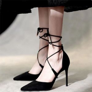 [Free Shipping] New Style Criss-Cross Strap Black Versatile Pointed-Toe High Heels WomenS Sandals Stiletto Heels And Single Shoes