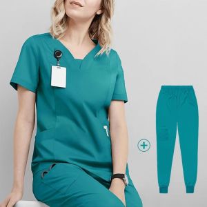 【OFFICIAL】NiaaHinn Fashion Women Men Elastic Wrinkle Resistant Breathable Scrub Suit Set with cargo pants Doctor Nurse Uniform【Short Sleeves V-neck Top+Jogger Pants】