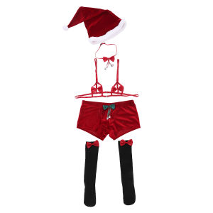 ชุดคอสเพลย์เซ็กซี่เครื่องแต่งกายซานตาคลอสห้าชิ้นสำหรับชุดชั้นในกางเกงนักมวยยกทรงหูกระต่ายแบบผูกเชือกแขวนคอสุดเซ็กซี่ของผู้ชาย
