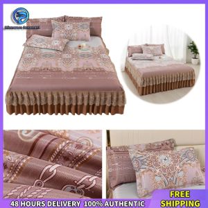 Winnereco 3pcs Ice Silk Bedding Set with Ruffle Bed Skirt and Pillowcases Elegant and Durable Fabric for Bedroom and Wedding Use