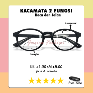 Kacamata 2 lensa Fungsi Plus & Normal ( Baca & Jalan) Ready +1.00 s/d +3.00 Bentuk Oval Warna Hitam Glossy Gaya Orangtua Keren Korea Style Pria wanita - FREE BOX KACAMATA