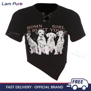 Lam Pure Women Chic Design Pin Style Korean Dalmatians Dog Printed irregular Girl Tshirt Crop Top