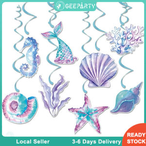 8pcs Mermaid Tail Shell Seahorse Spiral Hanging Decorations Swirl for Girls Mermaid Theme Birthday Party Supplies