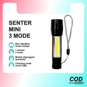 Senter Led Super Terang Mini Rechargeable Black COB Batrei Lithium