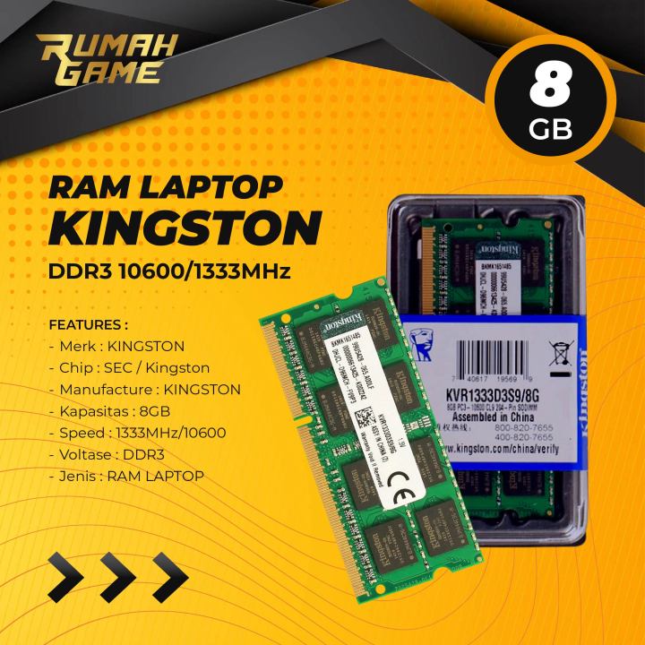Kingston Ram Laptop 8GB DDR3 10600/1333Mhz Sodimm Notebook Ram