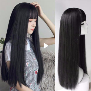 Original 65CM wig for women human hair Vigorous Black Long Wig with Bangs Synthetic Long Straight Wigs for Women Daily Wear Heat Resistant Costume