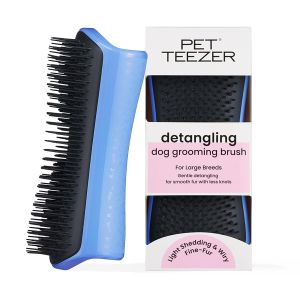 Pet Teezer Detangling Dog Brush for Long Hair Breeds Large Blue & Grey Dog grooming tool with patented two-tier teeth to detangle & lift dirt for thick double-coated dogs & wet or dry fur