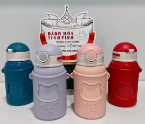 Bình nước giữ nhiệt inox 316 cao cấp bọc silicone dung tích 450ml có ống hút cho bé kèm sticker 2D đáng yêu _ Tingting