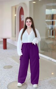 A3 (คาร์โก้) กางเกงขายาว ทรงกระบอกเหมาะสำหรับสาวอวบ ยืดใส่สบาย ระบายอากาศดี