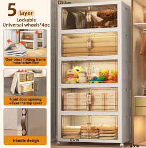 【SG Stock】Folding Storage Box Kitchen Organiser Transparent Double Door Foldable Home Clothes Snacks Storage Cabinet