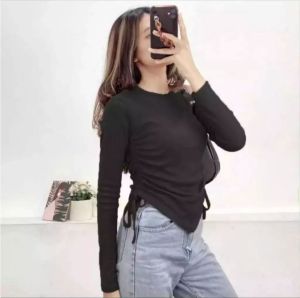Vallen top blouse serut samping kiri & kanan | Atasan blouse rib tali serut lengan panjang model korea