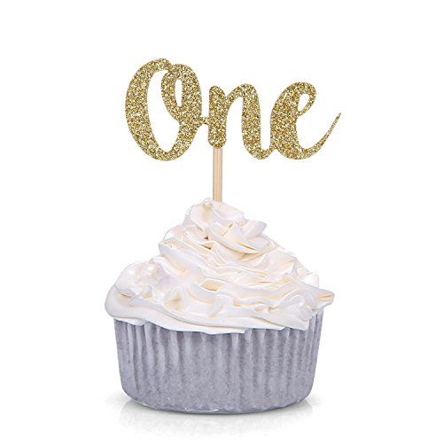 Set of 24 Gold Glitter Number One Cupcake Toppers Kids' First Birthday ...