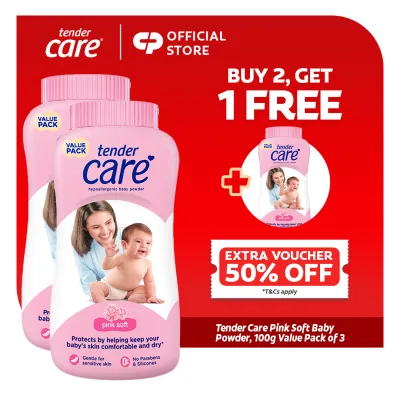 [BUY 2 FREE 1] Tender Care Pink Soft Baby Powder - Hypoallergenic & Dermatologically Tested 100g Value Pack of 3