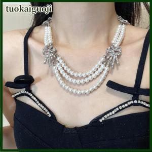 tuokaiguoji Vòng cổ ngọc trai thanh lịch và bông tai thiết lập với bướm Knot retro phong cách Pháp nhiều lớp chuỗi xương đòn Vòng cổ