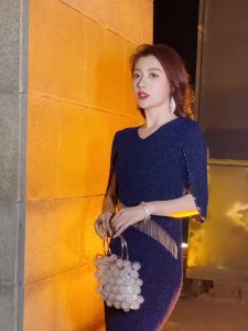 JS prom Evening Dinner Gown banquet evening dress High-end evening dress womens 2022 net celebrity new blue long celebrity temperament dignified annual party fishtail host skirt㏇X0407