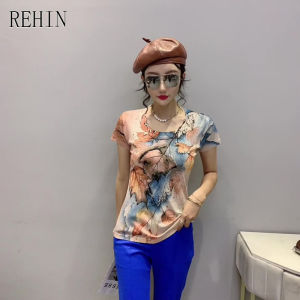 REHIN ซอฟต์ซี้เสื้อผู้หญิงแขนสั้นพิมพ์ลาย เสื้อผู้หญิง ผ้าฝ้าย ยืดผ้า ถึงก้น ขนาด S-3XL