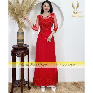 Áo Dài Dạ Hội Hoa Thêu Đính Pha Lê Ngọc Trai Quý Phái M03 Đỏ Tươi - Áo Dài Xuân Quỳnh