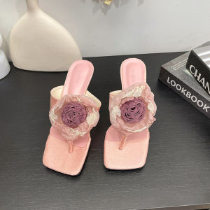 Pink Denim Floral Flip-Toe High Heel Sandals for Women 2024 Summer New Comfort Stiletto Heel Skirt
