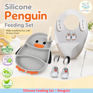 Yoji Baby 6-Pcs Silicone Penguin Feeding Set for Baby to Kids Plate Spoon Fork Bib Straw & Brush