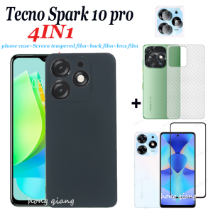 4 in 1 Tecno Spark 10 Pro 10C 10 4G 8C 8P 8 Black Frosted Phone Case + Full Screen Tempered Glass + Lens Film + Back Film