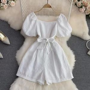 French Style Square Collar Bubble Sleeve Jumpsuit High Waist Slim Wide Leg Shorts Romper Fashionable Summer New ArrivalA99