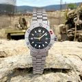 นาฬิกาข้อมือ SWISS Army S.A.W. Co Superlite Quartz รุ่น DC8054/1 หน้าปัดสีดำ ตัวเรือน สาย Stainless steel มีวันที่ SWISS MADE 1985. 