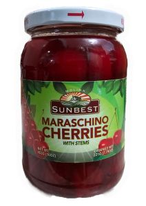 SUNBEST MARASCHINO CHERRIES WITH STEMS 453g