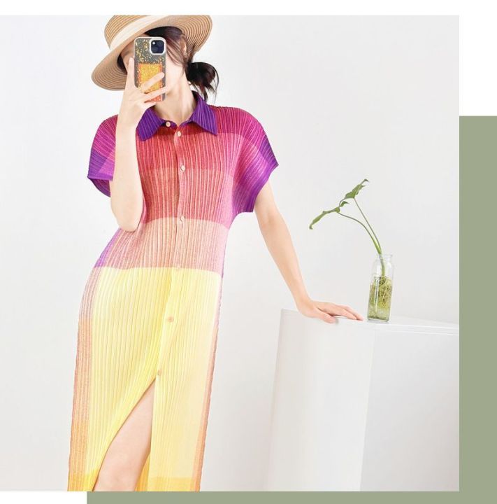 NOVA VOGUE Basic VersatileNew Miyake pleated gradient, rainbow color  block pleated vertical stripe photon dress | Lazada PH