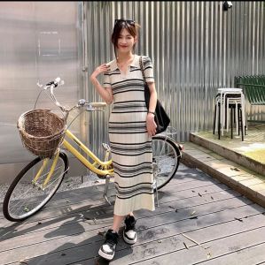 BestStore - Dress Knit Rajut Kekinian / Dress Korean Salur Lengan Pendek / Dress Salur / Dress Wanita Kerah V