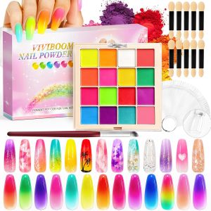 16 Colors Pigment Powder for Nails Palette Set Ombre Neon Nail Color Powder DIY Mani Kit Nail Accessories with 50 Nail Sticks Nail Brush for Women Long Lasting