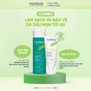 Combo 2 sản phẩm rửa mặt Noreva Exfoliac Intensive Foaming Gel và chống nắng Noreva Exfoliac Suncare Fluil SPF 50+ 40ML