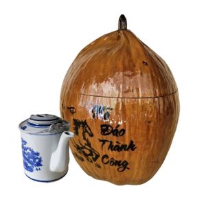 Bộ bình ủ trà trái dừa khắc "Mã đáo thành công" / Bình trà 04 - 09 lít / Giữ ấm 3 - 6 giờ / Sản phẩm sản xuất thủ công trứ danh xứ dừa Bến Tre