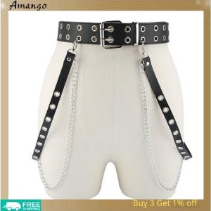 Amango Punk Gothic Faux Leather Belt Women Adjustable Metal Chain Ring Waist Belt