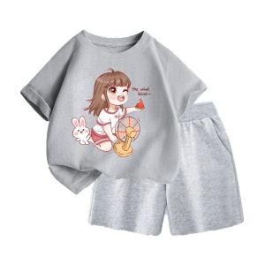 Set bộ quần áo cộc tay mùa hè chất vải cotton thoáng mát hình Cô Gái Thỏ và Quạt đơn giản dễ thương
