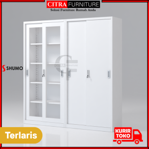 SHUMO Lemari Arsip Besi 4 Pintu Sliding Kaca Besi White Montana Series