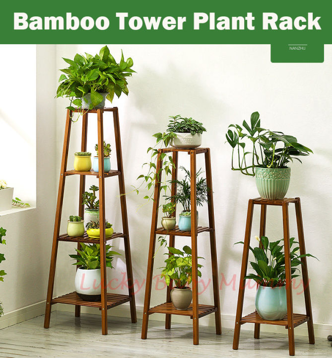 【Tower Design】2/3/4 Multi Layer Tier Planter Rack Bamboo Made Flower ...