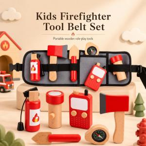Wooden Firefighter Role Play Set untuk Kanak-kanak 3+ Beech Wood Fireman Tool Belt with Ax Extinguisher Flashlight Walkie-Talkie Pretend Play Educational Toy