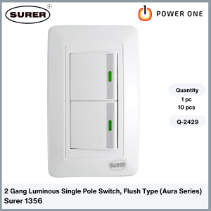 Surer 1356 2-Gang Luminous Single Pole Switch Flush Type (Aura Series) (1pc or 10pcs) (1300 Series)