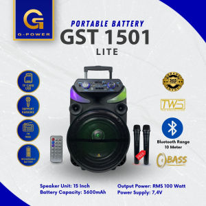 G-POWER Speaker Bluetooth 1501 Lite Karaoke Portabel 15 Inch dengan Mikrofon Wireless dan LED RGB - Warna Hitam