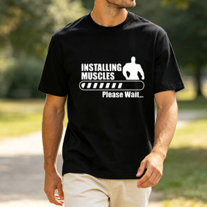 Men Women Gym Lover Tee Installing Muscles Loading Progress Bar Muscle Silhouette Print Cotton Funny Training Daily Wear Tshirt