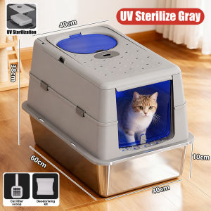 Large enclosed stainless steel litter box with UV disinfection functionhigh railingsflip-top design and doors on the top and front