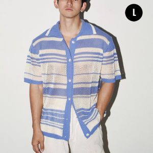 FASHLOVER Striped Hollow-out Polo Shirt Loose Short Sleeved Cardigan Casual Turn-down Collar Knitwear Men