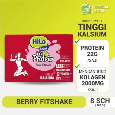HiLo Active 22g Protein Berry Fitshake 8 Sch – Susu Tinggi Whey Protein Kolagen Kalsium