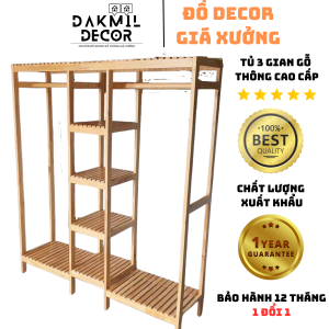 Kệ Treo Quần Áo GỗTủ Treo Quần Áo 3 Gian Gỗ Thông Nhập Khẩu ĐĂK MIL DECOR