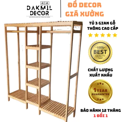 Kệ Treo Quần Áo GỗTủ Treo Quần Áo 3 Gian Gỗ Thông Nhập Khẩu ĐĂK MIL DECOR