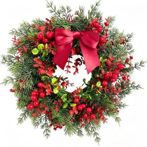 MIRELINA Quả mọng đỏ Vòng hoa Giáng sinh nhân tạo Lá cây bạch đàn. 40cm Vòng hoa trang trí nhân tạo cho dịp lễ Lễ hội Nơ Vòng hoa giả cây xanh Hiên nhà