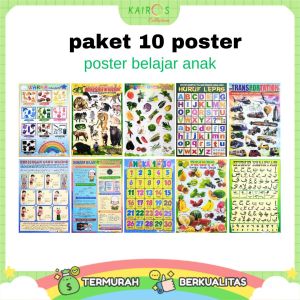 Paket 10 Poster Dinding Belajar Anak Edukasi Angka Huruf Abjad ABC Binatang Buah Sayur Hijaiyah Doa